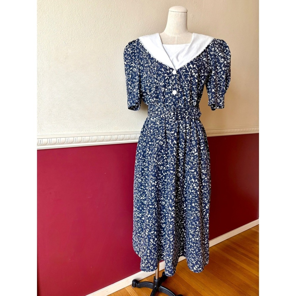 Impromptu Vintage Navy Blue White Floral Sailor Collar Midi Belted Dress Pockets